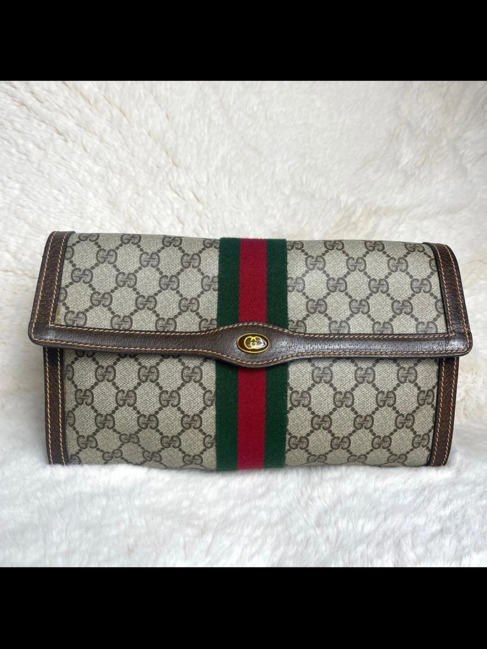 Gucci Beige GG Canvas Clutch with Green and Red Web Stripe